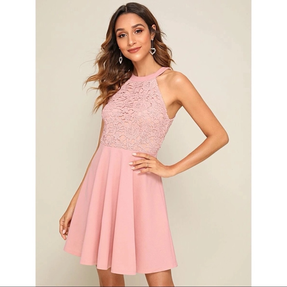 Zip Back Guipure Lace Halter Fit & Flare Dress
